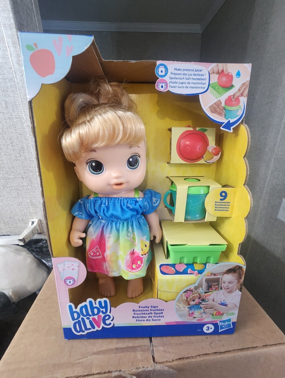 Fruity Sips Doll with Juice Accessories - Blue Multicolor Dress Baby Alive Doll